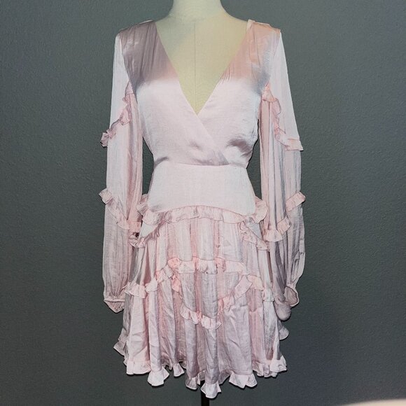 BARDOT NALA FRILL PINL RUFFLED LONG SLEEVE MINI DRESS - BISHOP SLEEVE - TIE BACK - Picture 1 of 16
